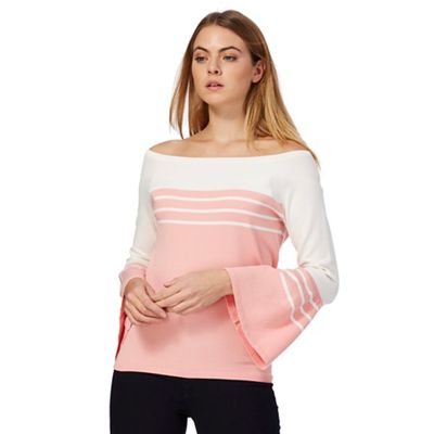 Pink stripe print frill sleeve blouse